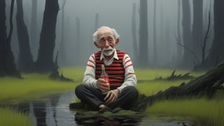 (dark fantasy movie scene), (((happy dirty drunk old man in a bw soviet striped vest sits in a swamp with a bottle and glass of vodka))), ((old dark soviet farm yard background)), dark fantasy, dark color scheme, hyper realistic, red paint scattered, black paint scattered, raw, cinematic, photorealism, 8k, intricately detailed, award winning, acrylic palette knife, style of makoto shinkai studio, james gilleard, greg rutkowski, chiho aoshima,darkart,more detail XL,potma style