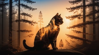 silhouette of a cat, no human, (inside the cat you can see the double exposure with a forest), masterpiece, ((double exposure)), proportional,DOUBLE EXPOSURE