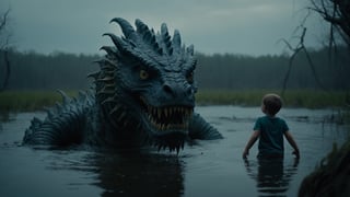 (((Extremely realistic photo))), ultra detailed, aesthetic, masterpiece, best quality, sharp focus, dark elegant, brutalist designed, vivid colors, dramatic ligting, cinematic, 8k, ((a very scary water monster-chimera, looks out of the swamp and looks on a little boy)), ((dark forest swamp background))