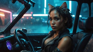 (((sexy cyberpunk android Dania Ramirez sitting in a cyberpunk buggy car with his fluffy cat))), ((dark night vintage dystopian cyberpunk led neon race track background)), ((lighting dust particles)), horror movie scene, best quality, masterpiece, (photorealistic:1.4), 8k uhd, dslr, masterpiece photoshoot, (in the style of Hans Heysen and Carne Griffiths),shot on Canon EOS 5D Mark IV DSLR, 85mm lens, long exposure time, f/8, ISO 100, shutter speed 1/125, award winning photograph, facing camera, perfect contrast,cinematic style