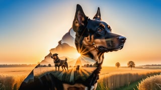 close-up silhouette of 1 shepherd dog, no human, (inside the 1 shepherd dog you can see the double exposure with a summer field), masterpiece, ((double exposure)), proportional,DOUBLE EXPOSURE