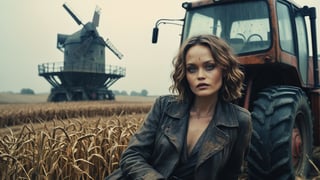 (((full body sexy cyberpunk android with mechanical parts Vanessa Paradis sits at the futuristic combine harvester vehicle at the old windmill))), ((vintage dystopian farm background)), ((lighting dust particles)), horror movie scene, best quality, masterpiece, (photorealistic:1.4), 8k uhd, dslr, masterpiece photoshoot, (in the style of Hans Heysen and Carne Griffiths),shot on Canon EOS 5D Mark IV DSLR, 85mm lens, long exposure time, f/8, ISO 100, shutter speed 1/125, award winning photograph, facing camera, perfect contrast,cinematic style