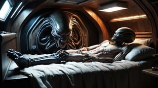 (((a huge H.R. Giger Alien Xenomorph hides and lies under the cabin bed))),  ((there is a sleeping scientist lying on the bed)), (((full body))), ((dystopian dark space cabin background)), ((Retrofuturism)), ((lighting dust particles)), horror movie scene, best quality, masterpiece, (photorealistic:1.4), 8k uhd, dslr, masterpiece photoshoot, (in the style of Hans Heysen and Carne Griffiths),shot on Canon EOS 5D Mark IV DSLR, 85mm lens, long exposure time, f/8, ISO 100, shutter speed 1/125, award winning photograph, facing camera, perfect contrast,GHTEN,cinematic style