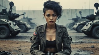 (((sexy cyberpunk android Andy Allo sits on the testing ground of the military zone))), ((surrounded by cybernetic military machine guns)), ((vintage dystopian cyberpunk military zone background)), ((lighting dust particles)), horror movie scene, best quality, masterpiece, (photorealistic:1.4), 8k uhd, dslr, masterpiece photoshoot, (in the style of Hans Heysen and Carne Griffiths),shot on Canon EOS 5D Mark IV DSLR, 85mm lens, long exposure time, f/8, ISO 100, shutter speed 1/125, award winning photograph, facing camera, perfect contrast,cinematic style