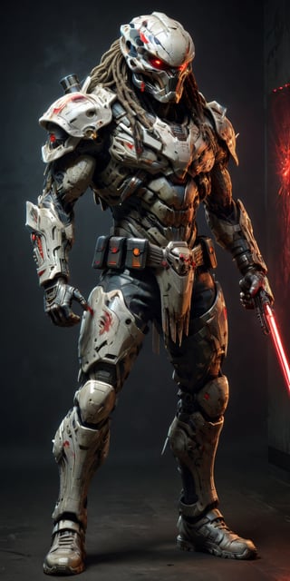 cowboy shot, ultra Realistic, (((Predator from "Predator" movie))), (((full body sci-fi Predator creature))), (((small laser gun with red laser beams on the shoulder))), (((human skulls hang on the belt))), vibrant color palette, camouflage wear body, (((action pose))), (((laser gun with red laser beams on the shoulder))), ((hair dreadlocks)), full body