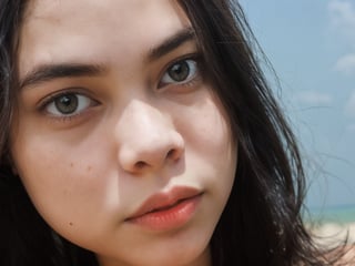  best quality, 1girl, (full body shot), slightly tanned skin, (15 years old preteen girl), perfect face. preteen, masterpiece, proper anatomy, ((nipples)), (((Armpit))), short hair, ultra realistic, ultra detailed, 8k UHD, smirk, outdoor, summer, beach, front view, looking at viewer, ((standing)), natural face, realistic, plain, average, upper body, top, closeup.