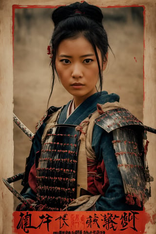 portrait, , extreme detail description, Akira Kurosawa's movie-style poster features a close-up shot of a 28-year-old girl, embodying the samurai spirit of Japan's Warring States Period, An enigmatic female Japanese samurai warrior, clad in ornate armor , This striking depiction, seemingly bursting with unspoken power, illustrates a fierce and formidable female warrior in the midst of battle. The image, likely a detailed painting, showcases the intensity of the female samurai's gaze and the intricate craftsmanship of his armor. Each intricately depicted detail mesmerizes the viewer, immersing them in the extraordinary skill and artistry captured in this remarkable ,Masterpiece