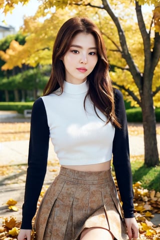 igirl, 8K, beautiful korean woman, kneeling on grass, ground covered in autumn leaves,turned to the side, very short pleated skirt, long sleeve plush sweater, midriff, sunny day in a park, posing for photographs. best quality, amazing quality, sexy pose, very aesthetic, close up, (petite), (small breasts), insanely detailed eyes, insanely detailed face, insanely detaled lips, perfect hands, perfect hair,  insanely detailed skin, brown hair, brown eyes, 