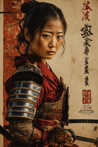 portrait, , extreme detail description, Akira Kurosawa's movie-style poster features a close-up shot of a 28-year-old girl, embodying the samurai spirit of Japan's Warring States Period, An enigmatic female samurai warrior, clad in ornate armor , This striking depiction, seemingly bursting with unspoken power, illustrates a fierce and formidable female warrior in the midst of battle. The image, likely a detailed painting, showcases the intensity of the female samurai's gaze and the intricate craftsmanship of his armor. Each intricately depicted detail mesmerizes the viewer, immersing them in the extraordinary skill and artistry captured in this remarkable ,Masterpiece