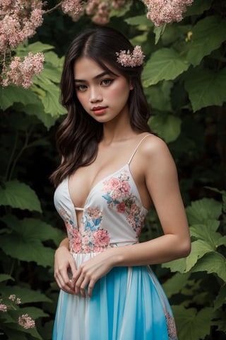 (masterpiece, top quality, best quality, official art, beautiful and aesthetic:1.2), hdr, high contrast, 1girl, beautiful Filipina woman, looking at viewer, relaxing expression, black hair, soft make up, ombre lips, finger detailed, perfect hands, BREAK wearing a couture garden party dress in pastel hues, the intricate floral patterns matching the vibrant blooms around her. Place her in an enchanting botanical garden, exuding sophistication.((upper body)), BREAK frosty, ambient lighting, extreme detailed, cinematic shot, realistic ilustration, (soothing tones:1.3), (hyperdetailed:1.2),Masterpiece,mina