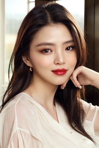 igirl, beautiful korean woman, close up, portrait, big smile, white blouse, looking slightly away from camera,  dimly lit, sitting in a room by a window, bathed in golden sunlight, holding a pen, dark walls, stud earrings, women's watch,  best quality, amazing quality, very aesthetic, (petite), ((small breasts)), insanely detailed eyes, insanely detailed face, insanely detaled lips, insanely detailed hands, insanely detailed hair,  insanely detailed skin, black hair, brown eyes, red lipstick