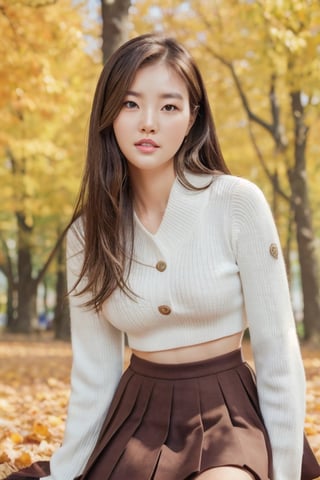 igirl, 8K, beautiful korean woman, kneeling on grass, ground covered in autumn leaves,turned to the side, very short pleated skirt, long sleeve plush sweater, midriff, sunny day in a park, posing for photographs. best quality, amazing quality, sexy pose, very aesthetic, close up, (petite), (small breasts), insanely detailed eyes, insanely detailed face, insanely detaled lips, perfect hands, perfect hair,  insanely detailed skin, brown hair, brown eyes, 