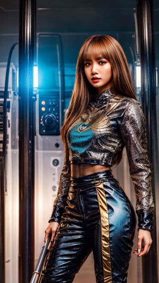 1girl, thai, fullbody, solo focus, expressionless, extremely detailed face and eyes, beautiful white armor, hourglass figure, brown hair, gradient hair, long hair, glowing eyes, holding plasma katana, striking, futuristic setting, futuristic city background,Masterpiece