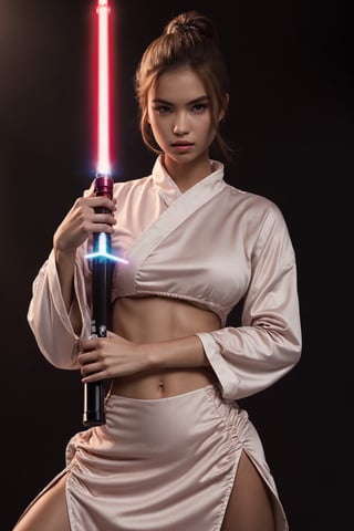  1girl, a lady (Supermodel), beautiful, i (holding white lightsaber), Bown hair,half body,epic shot, nice hand, perfect hand, wuxia background,, Masterpiece,mina