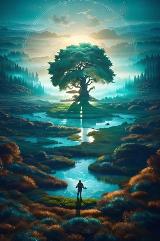a large circle of a person above a tree in an image, in the style of vibrant fantasy landscapes, teal and bronze, energy-filled illustrations, hikecore, sublime wilderness, poster art, i can't believe how beautiful this is 