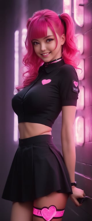 BEST QUALITY, HIGHRES, ABSURDRES, HIGH_RESOLUTION, MASTERPIECE, SUPER DETAIL, HYPER DETAIL, INTRICATE_DETAILS, LIGNE_CLAIRE, PERFECTEYES, DARK EYELASHES, EYELINER, SOFT GLOWING EYES, large breast, sexy body, 1girl, solo, (monja con una pistola y una cruz en el pecho, wojtek fus, monja guerrera cyberpunk, guweiz, Obra maestra de Guweiz, obra de arte al estilo de guweiz, James Gurney Brom, guillemos h. pongiluppi, estilo de raymond swanland, krenzcushart, inspirado en Raymond Swanland, ciberpunk ortodoxo, , , 
), looking at viewer, smile, bangs, hair ornament, pink hair, heart, choker, pink eyes, grin, collar, english text, bandaid, heart hair ornament, bandaid on face, colorful, sticker, neon lights, blacklight, collared shirt, rolled up sleeve, business skirt, full_body, view from away, facing_viewer,niji5,breasts,hourglass body shape, cleavage cutout, crouched
,Movie Still, ct-nijireal, ct-fujiii