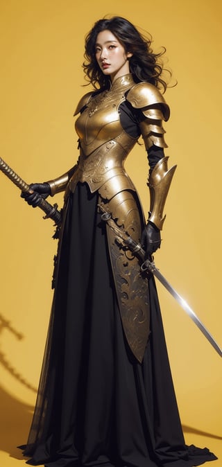 1girl, yellow_hair, red_eyes, yellow theme, monochrome, standing, dress armor, simple_background, yellow_background, looking away, holding sword, full body, closed mouth, from below,