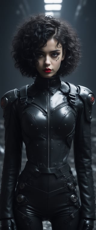 A full body shot of a young goth woman, short black curly hair, slightly smiling, one raised eyebrow, wearing a black metal cyborg suit , red lips, dark eye makeup, dark future battlefield background,
,heavy_jacket