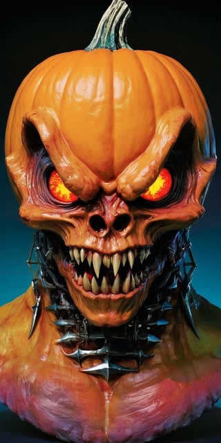  a biomechanical pumking monster creature . Its body combines twisted metal with pulsating flesh. .  grotesque face , with metallic jaws, glowing eyes, and rows of sharp teeth . dark tense and unsettling atmosphere, wearing a cap .sending a postcard,.office, cap, reflections, full bodyblood,fear,  By renowned artists such as ,, Francis Bacon, . Resolution: 4k.,,aw0k euphoric style,HellAI,monster,JPO