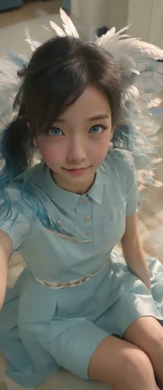 Masterpiece, beautiful details, perfect focus, uniform 8K wallpaper, high resolution, exquisite texture in every detail, ((Fisheye lens: 1.4)), one girl, solo, long hair, looking at viewer, blushing, smiling, open mouth, bangs, blue eyes, shirt, dress, holding, pigtails, sitting, blue hair, short sleeves, wings, indoors, white dress, halo, feathered wings, angel wings, white wings, smartphone, angel, holding smartphone
