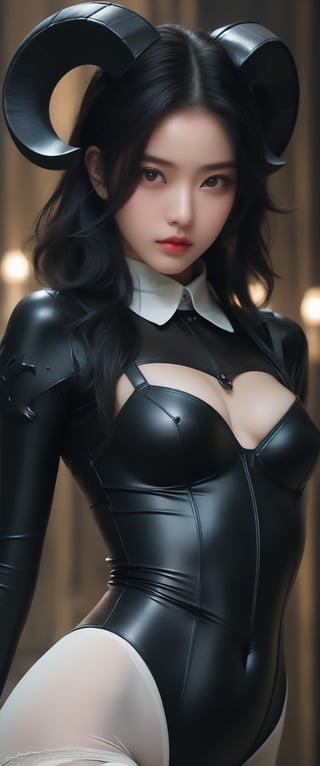 ((extremely realistic photo)), professional photo,a demon girl  with deep red lipstick and black hair, horns ,wearing a black latex bodysuit with white suspender, gloves, and white stockings with garter belt , with her hands on her hips, (hard black eyeliner), ((realistic and perfect bright brown eyes)), ((ultra sharp focus)), (realistic textures and skin:1.1), aesthetic. masterpiece, pure perfection, high definition ((best quality, masterpiece, detailed)), ultra high resolution, hdr, art, high detail, add more detail, (extreme and intricate details), ((raw photo, 64k:1.37)), ((sharp focus:1.2)), (muted colors, dim colors, soothing tones ), siena natural ratio, ((more detail xl)),more detail XL,detailmaster2,Enhanced All,photo r3al,masterpiece,photo r3al,Masterpiece
