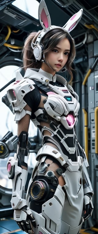 There is a woman in a futuristic suit standing on a space station, wearing cyber bunny ears, in white futuristic armor, 8k 3D rendering character art, sci-fi character, hyper realistic cyberpunk style, 8k ultra realistic cyberpunk art, science character fiction, cgsociety uhd 4k very detailed, cgsociety 8k, cgsociety 8k,hubg_mecha_girl