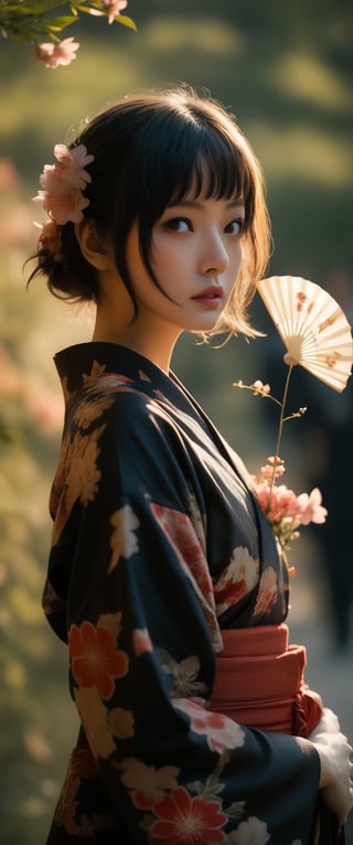 1girl, solo, looking at viewer, short hair, bangs, black hair, hair ornament, long sleeves, holding, brown eyes, closed mouth, standing, flower, sidelocks, cowboy shot, outdoors, parted lips, japanese clothes, day, hair flower, wide sleeves, kimono, blurry, from side, lips, looking to the side, sash, depth of field, blurry background, obi, floral print, bug, fire, red flower, butterfly, hand fan, backlighting, arm at side, yukata, print kimono, holding fan, black kimono, paper fan, 1girl, solo, looking at viewer, short hair, bangs, black hair, hair ornament, long sleeves, holding, brown eyes, closed mouth, standing, flower, sidelocks, cowboy shot, outdoors, parted lips, japanese clothes, day, hair flower, wide sleeves, kimono, blurry, from side, lips, looking to the side, sash, depth of field, blurry background, obi, floral print, bug, fire, red flower, butterfly, hand fan, backlighting, arm at side, yukata, print kimono, holding fan, black kimono, paper fan, cherry_blossom



,More Reasonable Details,Details