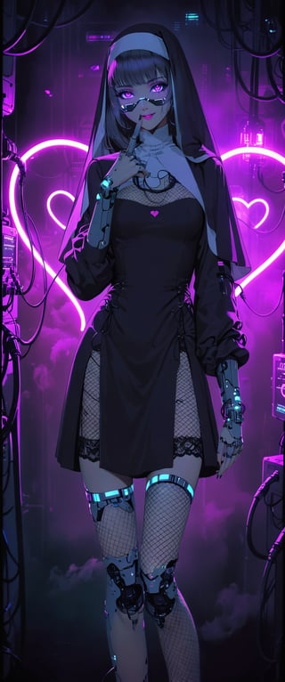 A sultry cyborg nun  girl poses seductively in a smoky cyberpunk nightclub, her metallic skin reflecting neon lights that dance across her eyes. A delicate finger forms a heart shape around, beckoning for connection as the foggy atmosphere and pulsating beats create an air of mystery. The dimly lit room's anime-inspired aesthetic shines through every detail, including the pulsing 'CTMAKER' neon lights framing her enigmatic smile.