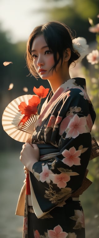 1girl, solo, looking at viewer, short hair, bangs, black hair, hair ornament, long sleeves, holding, brown eyes, closed mouth, standing, flower, sidelocks, cowboy shot, outdoors, parted lips, japanese clothes, day, hair flower, wide sleeves, kimono, blurry, from side, lips, looking to the side, sash, depth of field, blurry background, obi, floral print, bug, fire, red flower, butterfly, hand fan, backlighting, arm at side, yukata, print kimono, holding fan, black kimono, paper fan, 1girl, solo, looking at viewer, short hair, bangs, black hair, hair ornament, long sleeves, holding, brown eyes, closed mouth, standing, flower, sidelocks, cowboy shot, outdoors, parted lips, japanese clothes, day, hair flower, wide sleeves, kimono, blurry, from side, lips, looking to the side, sash, depth of field, blurry background, obi, floral print, bug, fire, red flower, butterfly, hand fan, backlighting, arm at side, yukata, print kimono, holding fan, black kimono, paper fan, cherry_blossom



,More Reasonable Details,Details