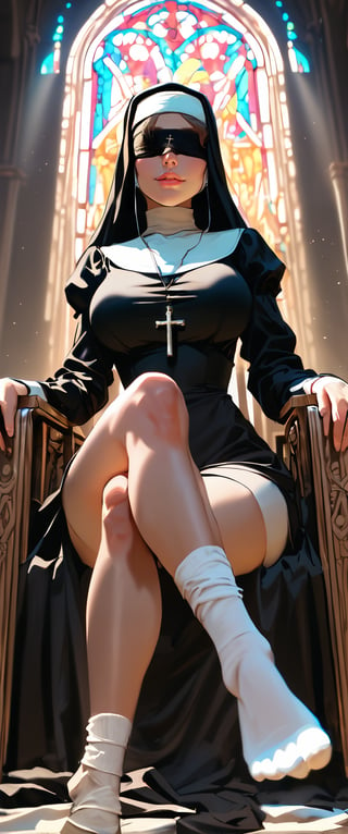 score_9, score_8_up, score_7_up, score_6_up, masterpiece, best quality, highres, absurdres, beautiful lighting, natural light, soft lighting,
1girl, solo, long hair, breasts, large breasts, long sleeves, dress, jewelry, sitting, thighs, parted lips, socks, necklace, legs, crossed legs, cross, white socks, facing viewer, realistic, blindfold, nun, habit, cross necklace, covered eyes, throne



,smug,cartoon,ct-jeniiii,extremely detailed