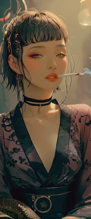 A femme fatale cyborg, mechanical parts, ((mechanical joints, mechanical)) sits solo in a smoky cyberpunk club, petting a snake  as it gazes directly at the viewer. Her short hair and bangs frame her striking features, adorned with jewelry and a black choker. She dons a revealing seethrough kimono, paired with Japanese-style earrings. A cigarette dangles from her lips as she exudes an air of sexy sophistication, surrounded by the dark, gritty atmosphere of Conrad Roset's style. txznmec,score_9,ct-virtual, ct-goeuun