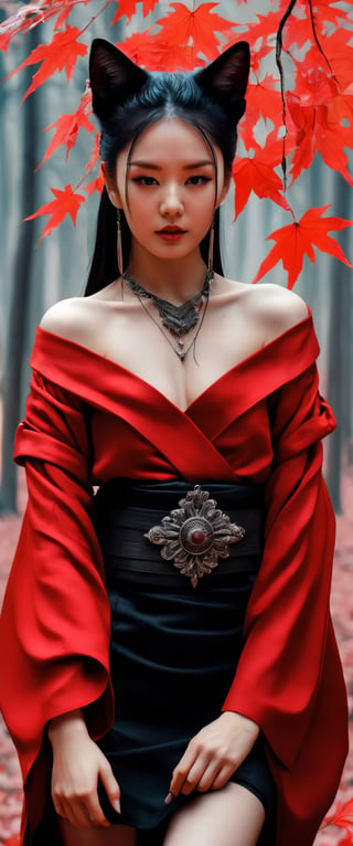 Tekeli, black fox ears, animal ear fluff, black fox tail, black hair, red inner hair, hair ornament, magatama necklace, fur trim, black short kimono, exquisite design, cat_collar, off-shoulder, cleavage, wide sleeves, long sleeves, obi, miniskirt, perfect busty model body, a 17-years-old ethereal and glamorously beautiful girl, walking in a forest, autumn, red maple leaves, pencil sketch, perfect detail, intricate detail, masterpiece, best quality, beauty & aesthetic, charcoal \(medium\)
