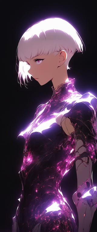 1girl, solo, skinny, short white hair, dragon armor, sacrificial altar, absolute darkness on the background  V0id3nergy, void, dark, energy  futubot,booth,H effect