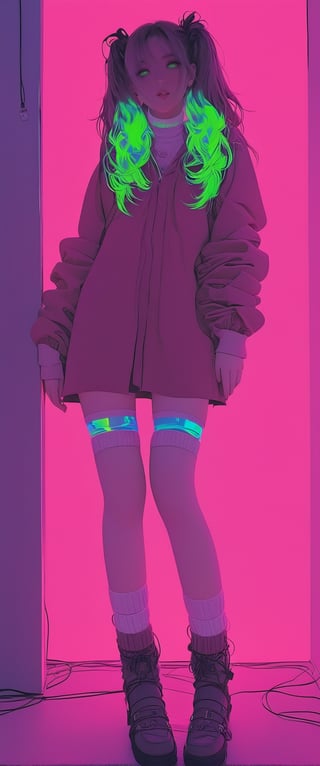 STICKER ON A WHITE BACKGROUND. green holographic silhouette, knee socks. I'm standing in a room with holograms. anime waifu. Stylish. Cute, hot, shiny. Highly detailed uhd anime wallpaper, cel digital animation

,neon photography style