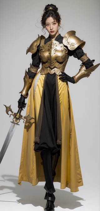 1girl, yellow_hair, red_eyes, yellow theme, monochrome, standing, dress armor, simple_background, yellow_background, looking away, holding sword, full body, closed mouth, from below,hyojoo,m_kayoung