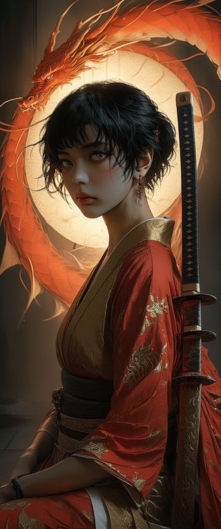 In a dark and moody atmosphere, a stunning woman with dark skin, short black hair, and red eyes sits confidently, her full body clad in a stunning golden kimono that seems to glow in the dim light. Her tail, adorned with intricate jewelry, swishes behind her as she holds a katana sword at the ready. The camera captures her perfect face, outstretched hands, and pointy ears in exquisite detail, with volumetric lighting and dramatic shadows creating an epic atmosphere. In the background, a red dragon tail rises from the darkness, adding to the tension and mystery.,txznmec,ct-virtual,Dark Manga of