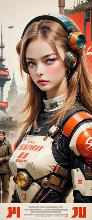 soviet poster, soviet cyberpunk, steampunk, sovietpunk, retrofuturistic,OlgaKostyantynivnaKurylenko,minsi