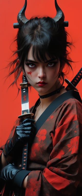Prompt: score_9, score_8_up, score_7_up, score_6_up, (by Carne Griffiths, Conrad Roset),1girl, solo, looking at viewer, short hair, bangs, simple background, black hair, red eyes, gloves, long sleeves, jewelry, upper body, weapon, earrings, parted lips, japanese clothes, horns, choker, pointy ears, black gloves, sword, hand up, blunt bangs, fingerless gloves, kimono, nail polish, fingernails, head tilt, mask, katana, sheath, red nails, red background, oni horns, sheathed, oni, weapon on back,HR
