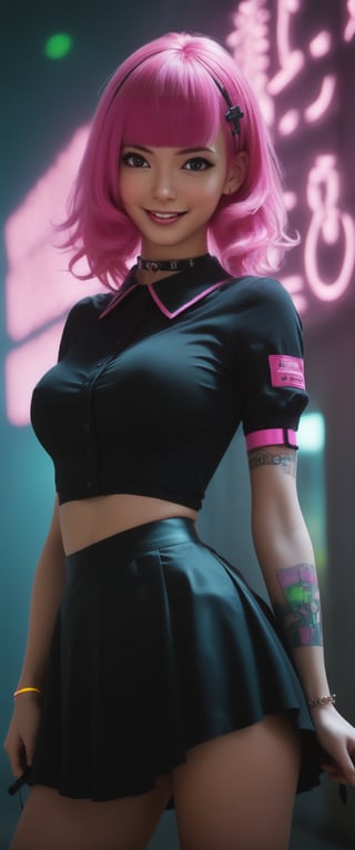 BEST QUALITY, HIGHRES, ABSURDRES, HIGH_RESOLUTION, MASTERPIECE, SUPER DETAIL, HYPER DETAIL, INTRICATE_DETAILS, LIGNE_CLAIRE, PERFECTEYES, DARK EYELASHES, EYELINER, SOFT GLOWING EYES, large breast, sexy body, 1girl, solo, (monja con una pistola y una cruz en el pecho, wojtek fus, monja guerrera cyberpunk, guweiz, Obra maestra de Guweiz, obra de arte al estilo de guweiz, James Gurney Brom, guillemos h. pongiluppi, estilo de raymond swanland, krenzcushart, inspirado en Raymond Swanland, ciberpunk ortodoxo, , , 
), looking at viewer, smile, bangs, hair ornament, pink hair, heart, choker, pink eyes, grin, collar, english text, bandaid, heart hair ornament, bandaid on face, colorful, sticker, neon lights, blacklight, collared shirt, rolled up sleeve, business skirt, full_body, view from away, facing_viewer,niji5,breasts,hourglass body shape, cleavage cutout, crouched
,Movie Still, ct-nijireal, ct-fujiii