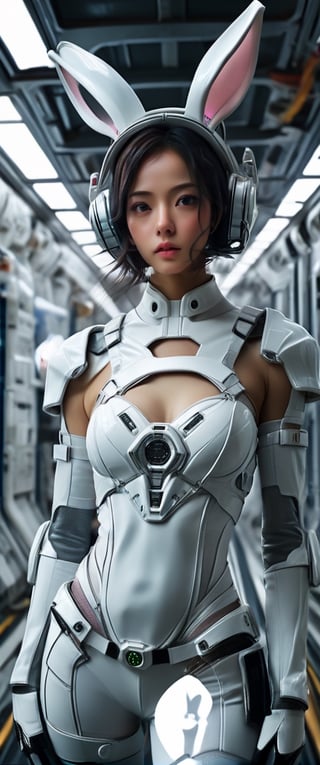 There is a woman in a futuristic suit standing on a space station, wearing cyber bunny ears, in white futuristic armor, 8k 3D rendering character art, sci-fi character, hyper realistic cyberpunk style, 8k ultra realistic cyberpunk art, science character fiction, cgsociety uhd 4k very detailed, cgsociety 8k, cgsociety 8k