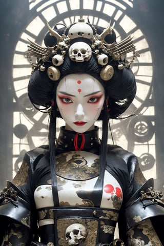 poster of a sexy  geisha [suffering,  burdened by the weight of a deception, burden]  in a  [throne of bones ], ,  very_high_resolution, latex clothing uniform, eye angle view,  , designed by  Dave Mckean,aw0k nsfwfactory,aw0k magnstyle,danknis,sooyaaa,Anime ,IMGFIX

