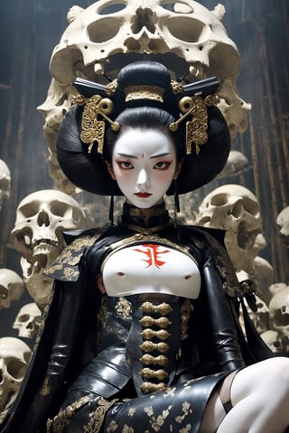 poster of a sexy  geisha [suffering,  burdened by the weight of a deception, burden]  in a  [throne of bones ], ,  very_high_resolution, latex clothing uniform, eye angle view,  , designed by  Dave Mckean,aw0k nsfwfactory,aw0k magnstyle,danknis,sooyaaa,Anime ,IMGFIX

