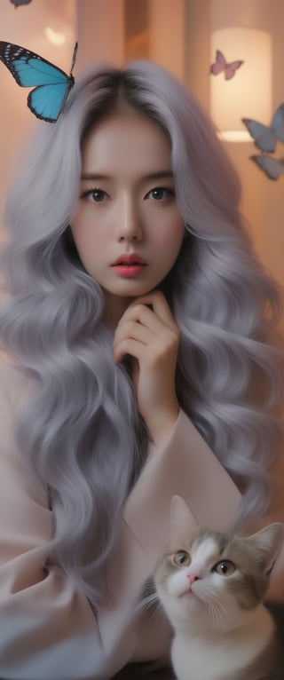 Realist portrait of a deception of ( breathtaking ethereal RAW photo of female ((extremely realistic photo)), (professional photo), (Best quality, 8k, 32k, Masterpiece, HD: 1.2),1 girl, most beautiful korean girl, Korean beauty model, stunningly beautiful girl, gorgeous girl, , ,floralpunk woman and two cats in front of coffee, light pastel ombre hair, artsy folk art background, butterflies, photo realistic anime style, airbrushed

,ct-jeniiii, ct-eujiiin, ct-goeuun, ct-fujiii