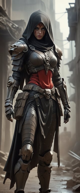 masterpiece, biomechanical legs, combat nun warriror, angry ,, stands arms on hips, red hood, combat ready in an dusty city post apocaliptic ruins, covered in dust, antion shot, movie still, volumetric light, dark and moody style, tense athmosfere, intrincate details, ultra high detallieded, Shattered Armor, rainy, mud