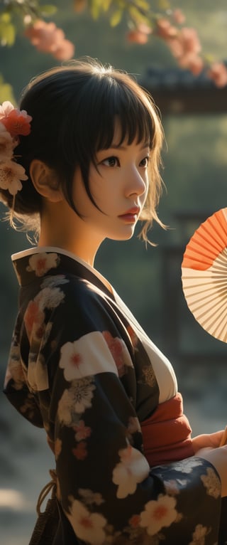 1girl, solo, looking at viewer, short hair, bangs, black hair, hair ornament, long sleeves, holding, brown eyes, closed mouth, standing, flower, sidelocks, cowboy shot, outdoors, parted lips, japanese clothes, day, hair flower, wide sleeves, kimono, blurry, from side, lips, looking to the side, sash, depth of field, blurry background, obi, floral print, bug, fire, red flower, butterfly, hand fan, backlighting, arm at side, yukata, print kimono, holding fan, black kimono, paper fan, 1girl, solo, looking at viewer, short hair, bangs, black hair, hair ornament, long sleeves, holding, brown eyes, closed mouth, standing, flower, sidelocks, cowboy shot, outdoors, parted lips, japanese clothes, day, hair flower, wide sleeves, kimono, blurry, from side, lips, looking to the side, sash, depth of field, blurry background, obi, floral print, bug, fire, red flower, butterfly, hand fan, backlighting, arm at side, yukata, print kimono, holding fan, black kimono, paper fan, cherry_blossom



,More Reasonable Details,Details