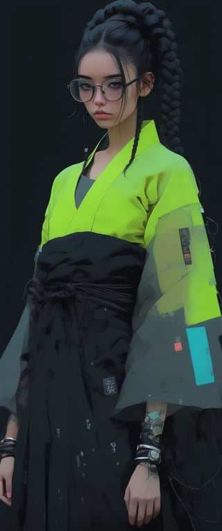 (cyberpunk girl like a samurai in the style of Conrad Roset, Nicola Samori), ultra realistic, (arbitrarily beautiful:1.4), full body, sexy female, (shiny black hair, long braids, neon glasses,transparet kimono), more detail XL, ct-fujiii, ct-goeuun,ct-jeniiii, ct-eujiiin,txznmec