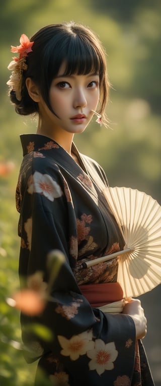 1girl, solo, looking at viewer, short hair, bangs, black hair, hair ornament, long sleeves, holding, brown eyes, closed mouth, standing, flower, sidelocks, cowboy shot, outdoors, parted lips, japanese clothes, day, hair flower, wide sleeves, kimono, blurry, from side, lips, looking to the side, sash, depth of field, blurry background, obi, floral print, bug, fire, red flower, butterfly, hand fan, backlighting, arm at side, yukata, print kimono, holding fan, black kimono, paper fan

