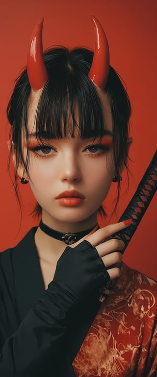 score_9, score_8_up, score_7_up,Masterpiece, highest quality,score_9, score_8_up, score_7_up,1girl, solo, looking at viewer, short hair, bangs, simple background, black hair, red eyes, gloves, long sleeves, jewelry,, weapon, earrings, parted lips, japanese clothes, horns, choker, pointy ears, black gloves, sword, hand up, blunt bangs, fingerless gloves, kimono, nail polish, fingernails, head tilt, mask, katana, sheath, red nails, red background, oni horns, sheathed, oni, weapon on back, ct-fujiii, ct-goeuun, ct-eujiiin,Cinematic 