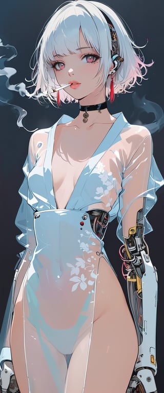 (by Carne Griffiths, Conrad Roset), 1girl,cyborg,android,mechanical, mechanical parts, mechanical joints, solo, looking at viewer, short hair, bangs, , jewelry,, white hair, earrings, japanese transparent clothes, , choker,  transparent kimono,pleasure android, black choker, cyberpunk, smoke, cigarette, plastic kimono,sexy, smoking, egasumi m3,Dark Manga of,Dark Anime of,anime