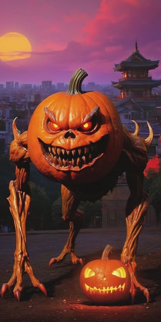 a pumpkin monster creature . Its body combines twisted metal with pulsating flesh. .  grotesque face , with metallic jaws, glowing eyes, and rows of sharp teeth . dark tense and unsettling atmosphere, wearing a cap .sending a postcard,.office, cap, reflections, full bodyblood,fear,  By renowned artists such as ,, Francis Bacon, . Resolution: 4k.,,aw0k euphoric style,HellAI,monster,JPO